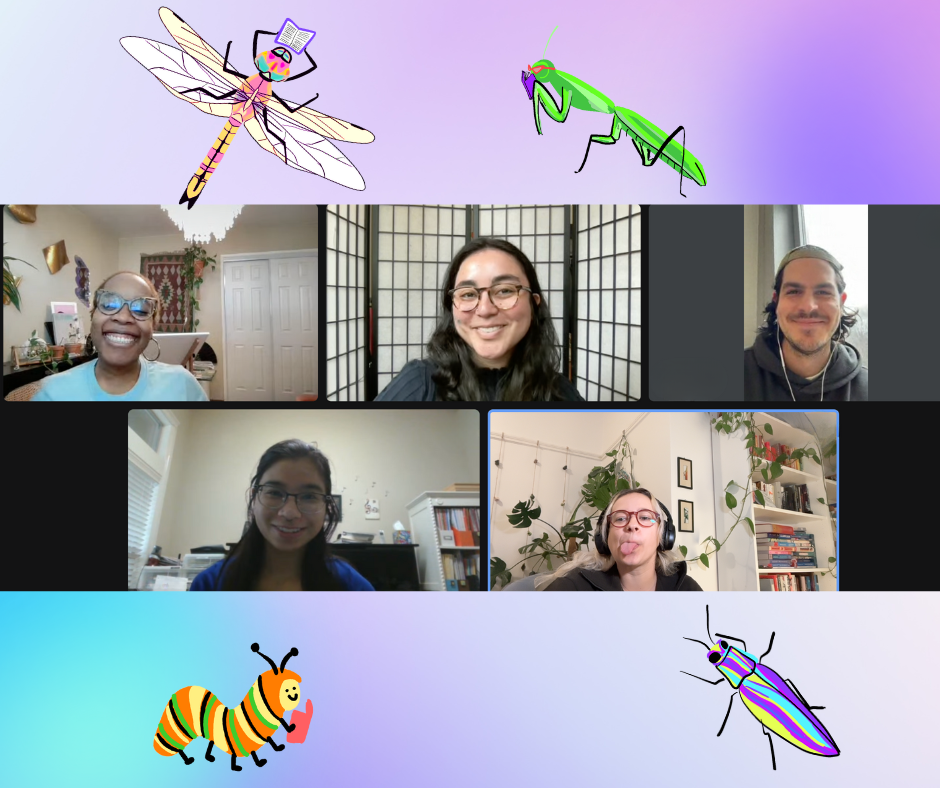 a screenshot of the Bookworm Reads virtual team meeting, with five different people smiling on the team zoom call